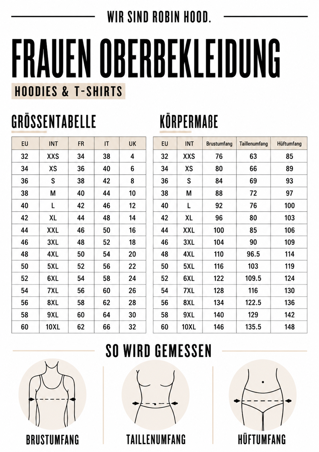 Größentabelle HOOD. Tee WASSERHERZ